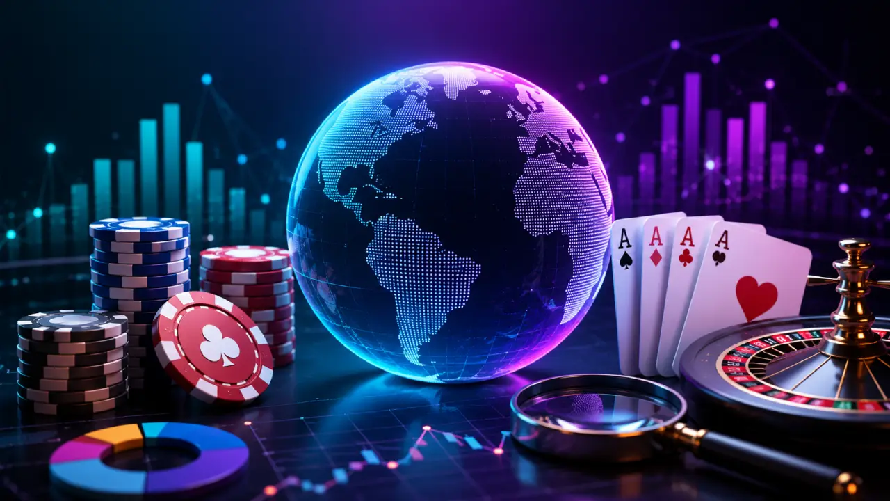 Modern illustration of a digital globe surrounded by casino chips, playing cards, a roulette wheel, financial charts, and analytics representing the week's biggest casino industry developments and market trends.
