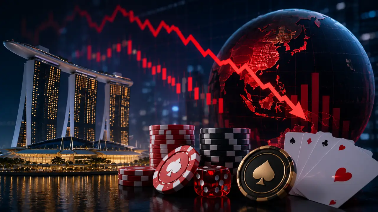 Modern illustration of the Macau skyline with casino chips, playing cards, a declining financial chart, and a digital globe representing weaker casino revenues and pressure on major gaming companies.